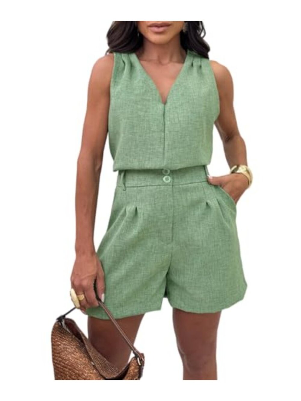 Women's 2 Piece Shorts Set Sleeveless V-Neck Ruched Top High Waist Pockets